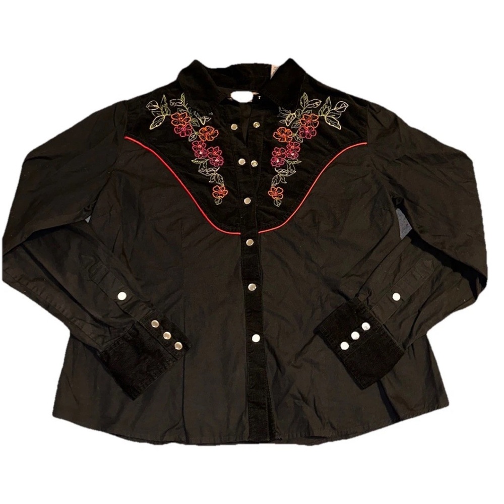 Vtg Black Western Shirt Pearl Snap button up corduroy Embroidered Floral collar